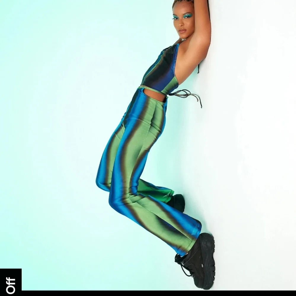 Motel x Olivia Neill Mares Flare Trouser in Solarized Green and Blue - Picture 5 of 9